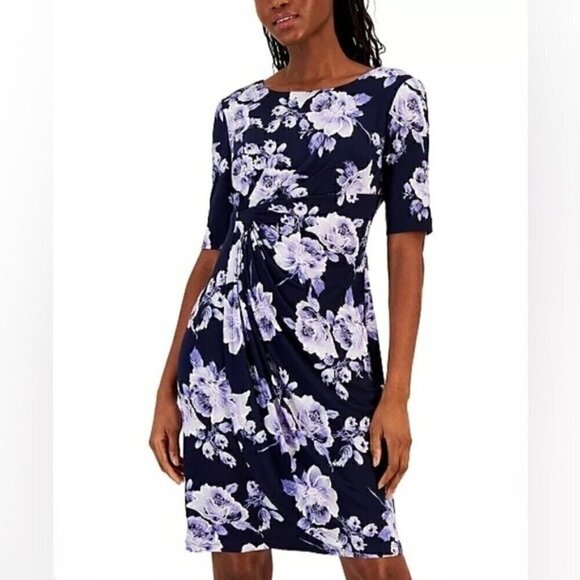 CONNECTED FAUX WRAP DRESS Petite Floral-Print -Waist Jersey Dress blue - Picture 2 of 15